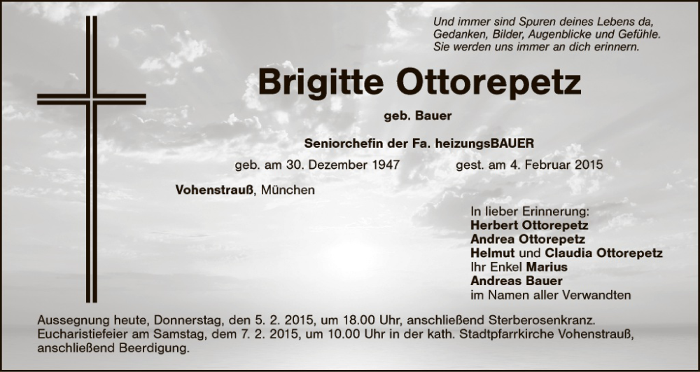  Traueranzeige für Brigitte Ottorepetz vom 05.02.2015 aus Hauptausgabe Weiden
