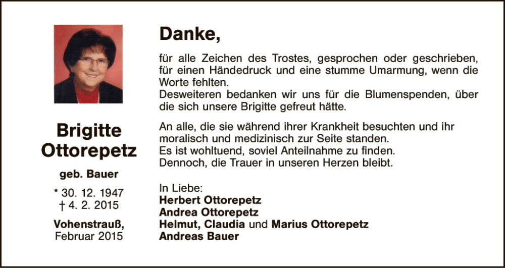  Traueranzeige für Brigitte Ottorepetz vom 21.02.2015 aus Hauptausgabe Weiden