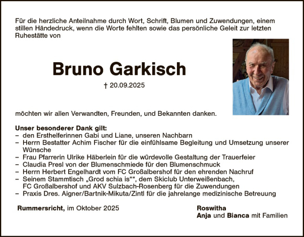  Traueranzeige für Bruno Garkisch vom 11.10.2025 aus Hauptausgabe Amberg