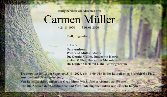 Traueranzeige von Carmen Müller von Hauptausgabe Weiden