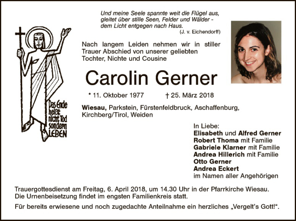  Traueranzeige für Carolin Gerner vom 04.04.2018 aus Hauptausgabe Weiden