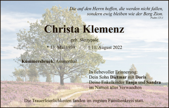 Traueranzeige von Christa Klemenz von Hauptausgabe Amberg