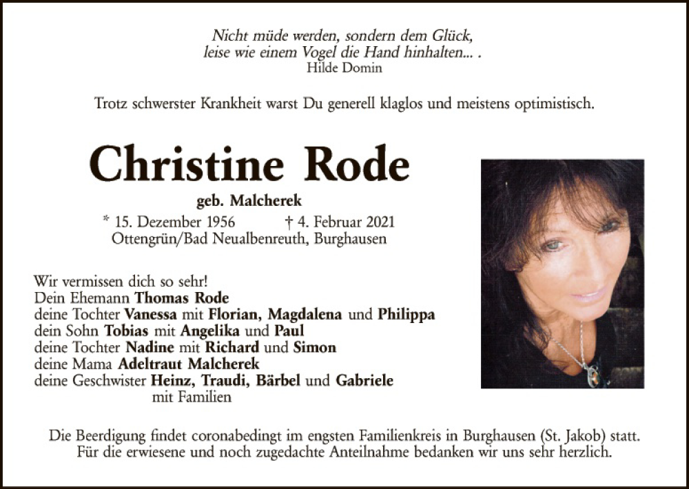  Traueranzeige für Christine Rode vom 09.02.2021 aus Tirschenreuth + Eschenbach - Kemnath - Erbendorf