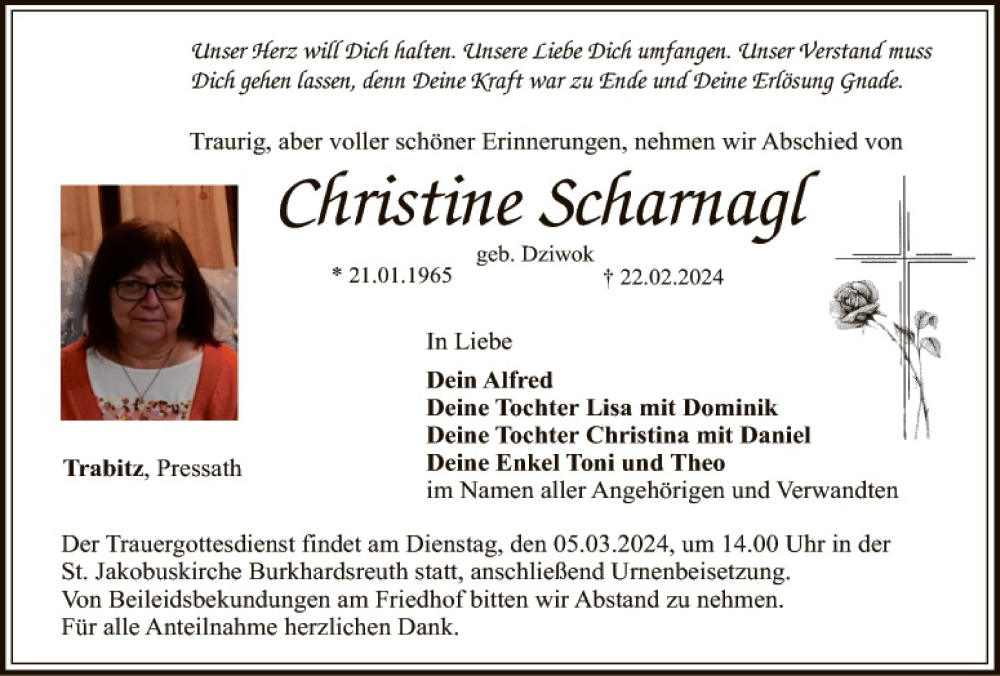  Traueranzeige für Christine Scharnagl vom 02.03.2024 aus Tirschenreuth + Eschenbach - Kemnath - Erbendorf