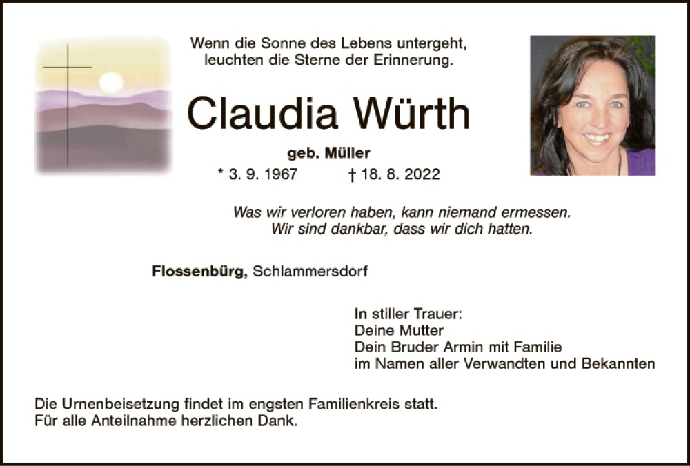  Traueranzeige für Claudia Würth vom 24.08.2022 aus Hauptausgabe Weiden