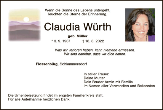 Traueranzeige von Claudia Würth von Hauptausgabe Weiden