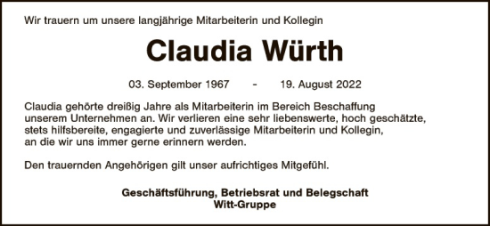 Traueranzeige von Claudia Würth von Hauptausgabe Weiden