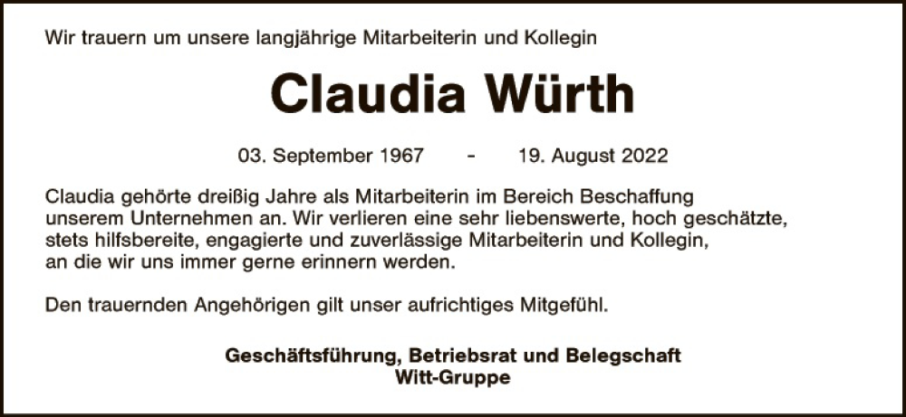  Traueranzeige für Claudia Würth vom 25.08.2022 aus Hauptausgabe Weiden