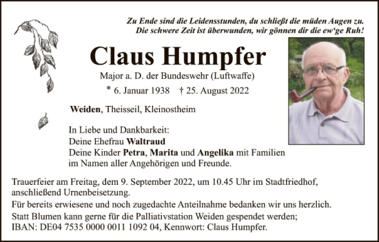 Traueranzeige von Claus Humpfer von Hauptausgabe Weiden
