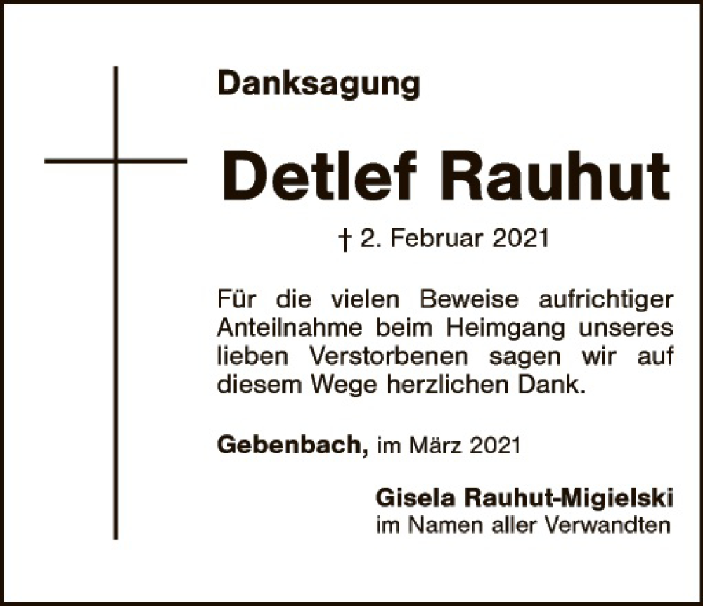  Traueranzeige für Detlef Rauhut vom 23.03.2021 aus Hauptausgabe Amberg