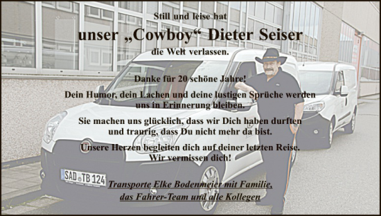 Traueranzeige von Dieter Seiser von Hauptausgabe Weiden