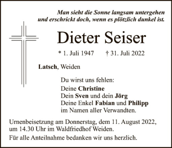 Traueranzeige von Dieter Seiser von Hauptausgabe Weiden