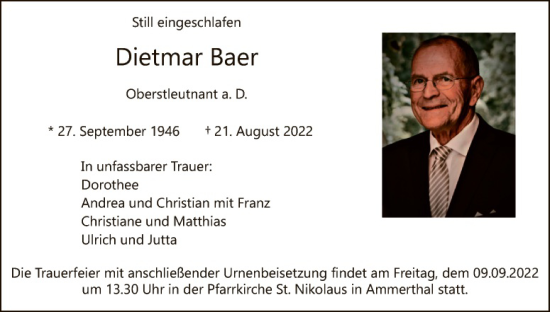 Traueranzeige von Dietmar Baer von Hauptausgabe Amberg