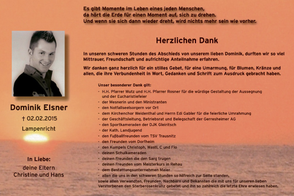  Traueranzeige für Dominik Elsner vom 14.02.2015 aus Landkreis Schwandorf und Vohenstrauß