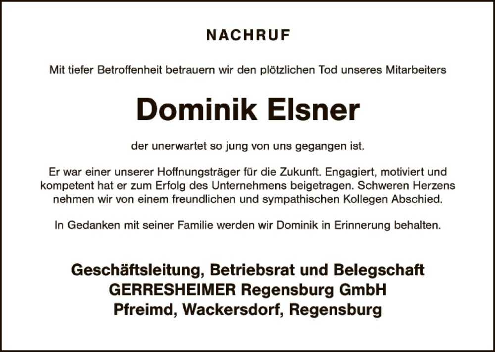  Traueranzeige für Dominik Elsner vom 05.02.2015 aus Gesamtausgabe