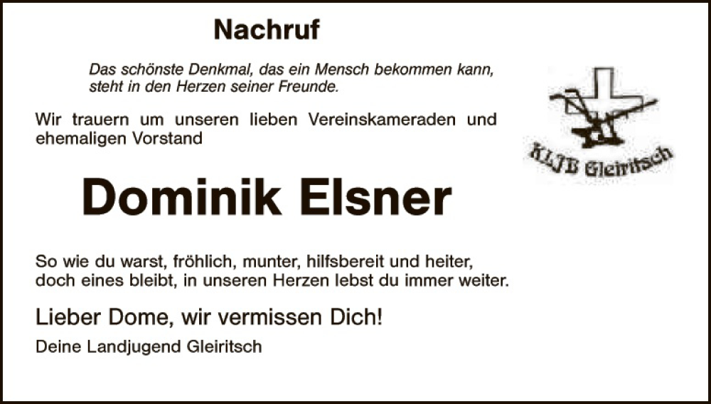  Traueranzeige für Dominik Elsner vom 06.02.2015 aus Landkreis Schwandorf und Vohenstrauß