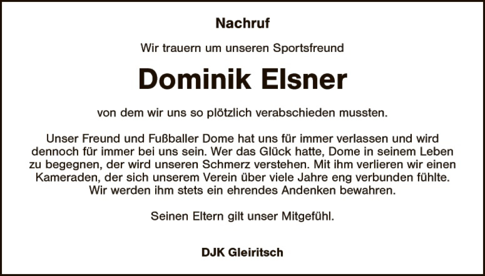  Traueranzeige für Dominik Elsner vom 07.02.2015 aus Landkreis Schwandorf