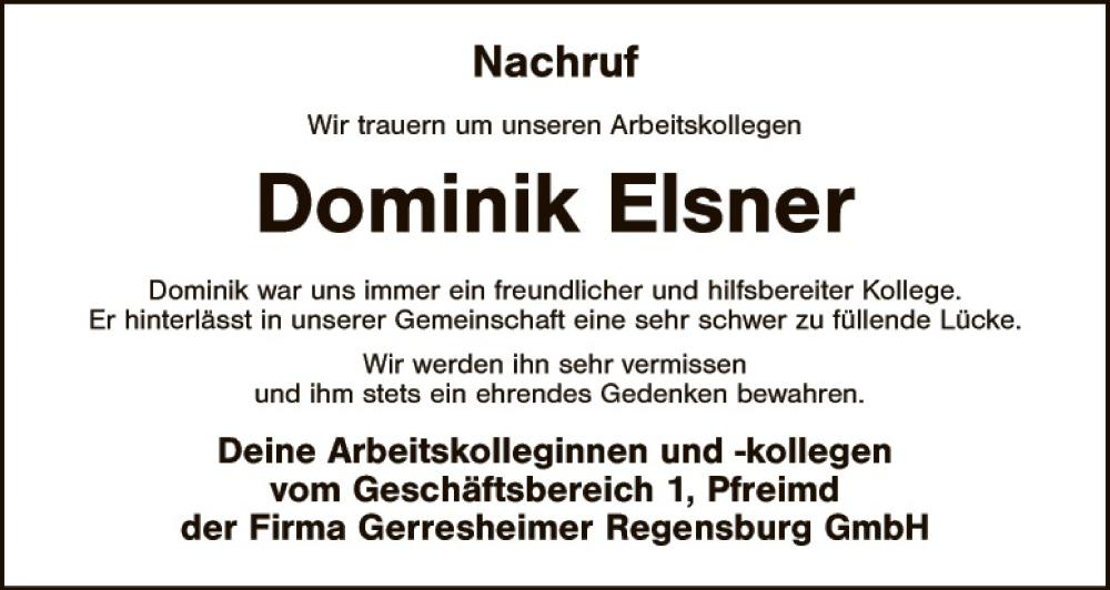  Traueranzeige für Dominik Elsner vom 07.02.2015 aus Landkreis Schwandorf