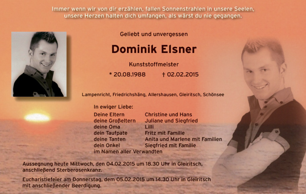  Traueranzeige für Dominik Elsner vom 04.02.2015 aus Landkreis Schwandorf und Vohenstrauß