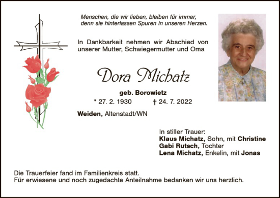 Traueranzeige von Dora Michatz von Hauptausgabe Weiden