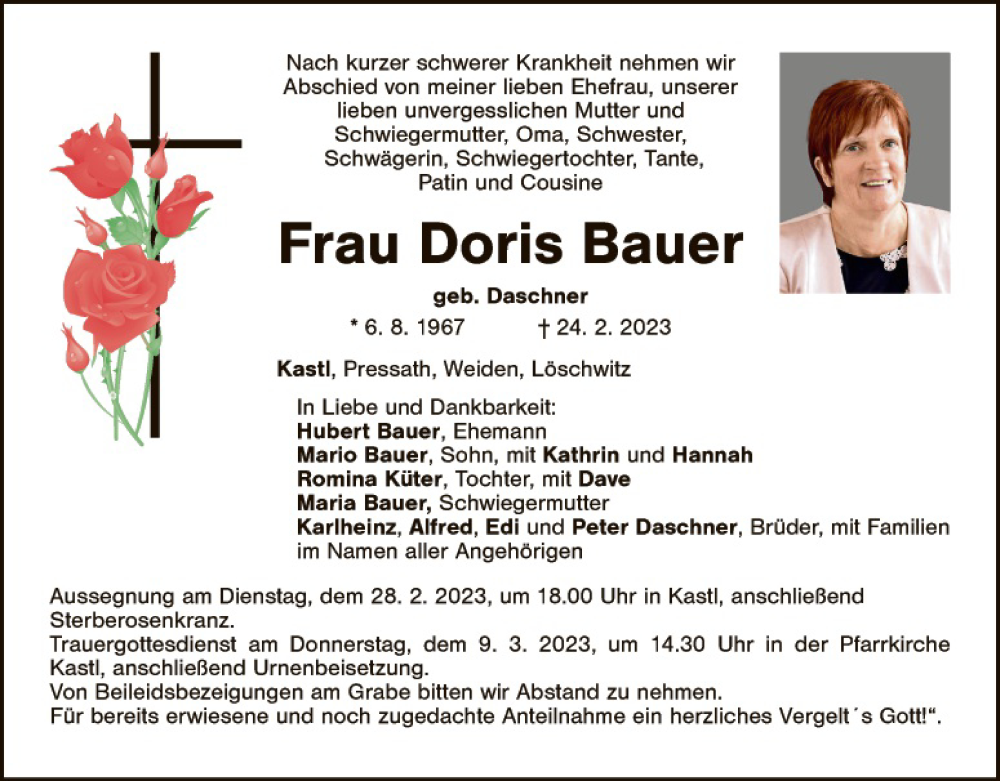  Traueranzeige für Doris Bauer vom 27.02.2023 aus Tirschenreuth + Eschenbach - Kemnath - Erbendorf