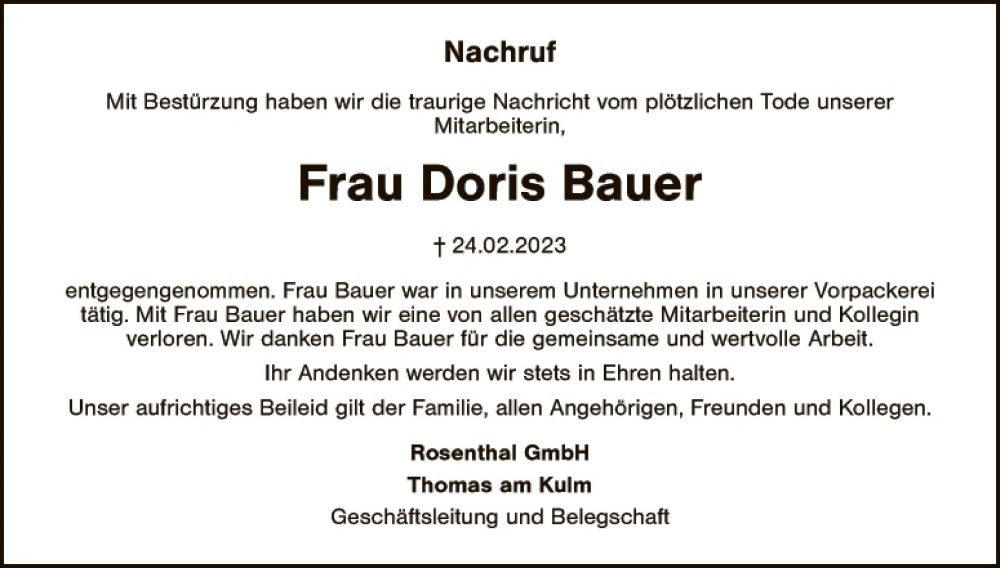  Traueranzeige für Doris Bauer vom 28.02.2023 aus Eschenbach - Kemnath - Erbendorf