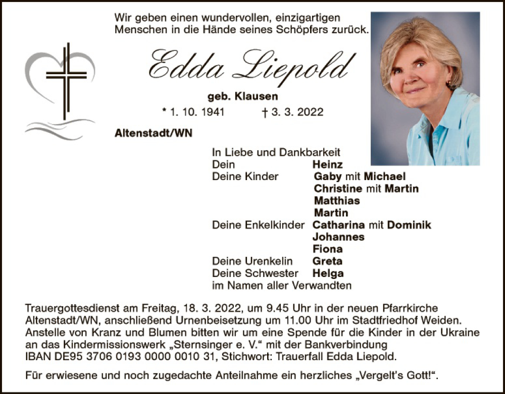  Traueranzeige für Edda Liepold vom 15.03.2022 aus Hauptausgabe Weiden
