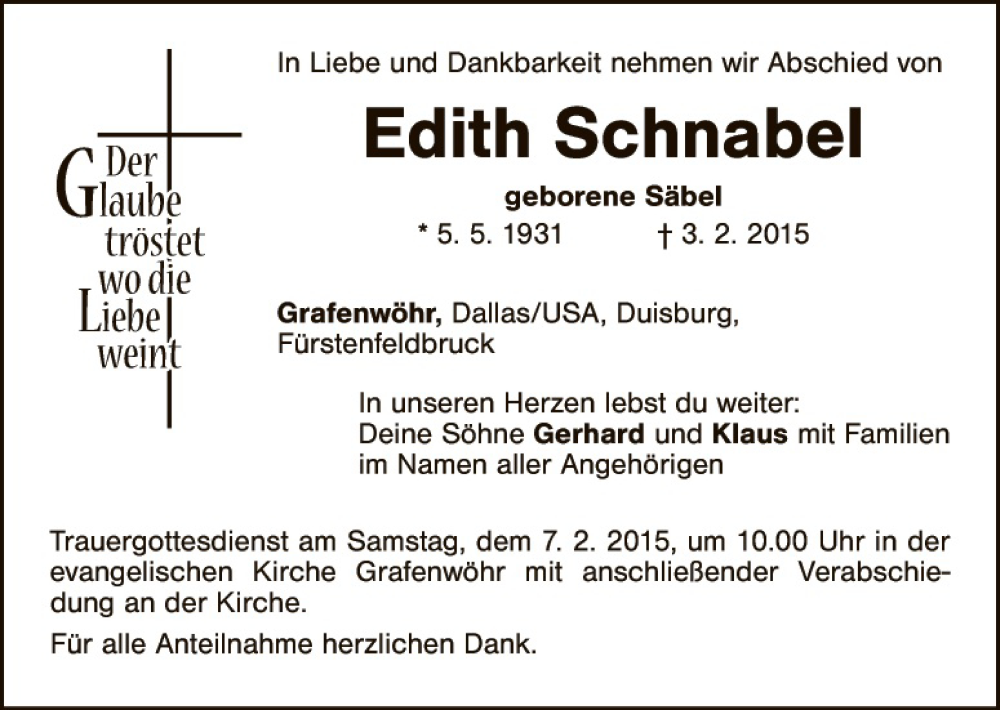  Traueranzeige für Edith Schnabel vom 06.02.2015 aus Tirschenreuth + Eschenbach - Kemnath - Erbendorf