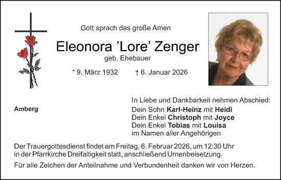 Traueranzeige von Eleonora Zenger von Hauptausgabe Amberg
