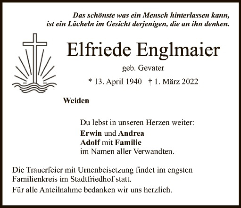  Traueranzeige für Elfriede Englmaier vom 12.03.2022 aus Hauptausgabe Weiden