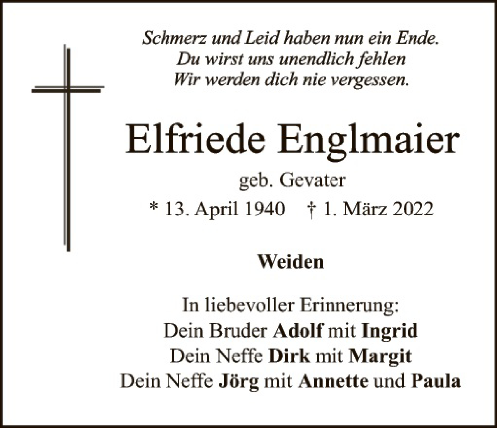  Traueranzeige für Elfriede Englmaier vom 12.03.2022 aus Hauptausgabe Weiden