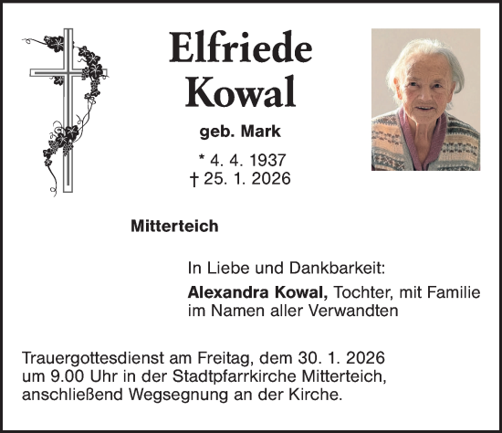 Traueranzeige von Elfriede Kowal von Tirschenreuth + Eschenbach - Kemnath - Erbendorf