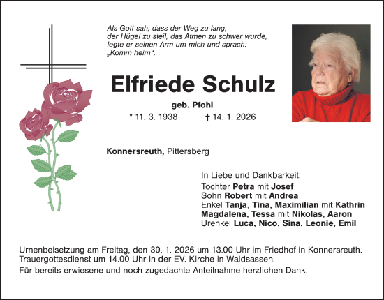 Traueranzeige von Elfriede Schulz von Tirschenreuth + Eschenbach - Kemnath - Erbendorf