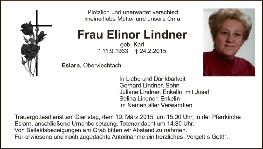  Traueranzeige für Elinor Lindner vom 07.03.2015 aus Landkreis Schwandorf und Vohenstrauß