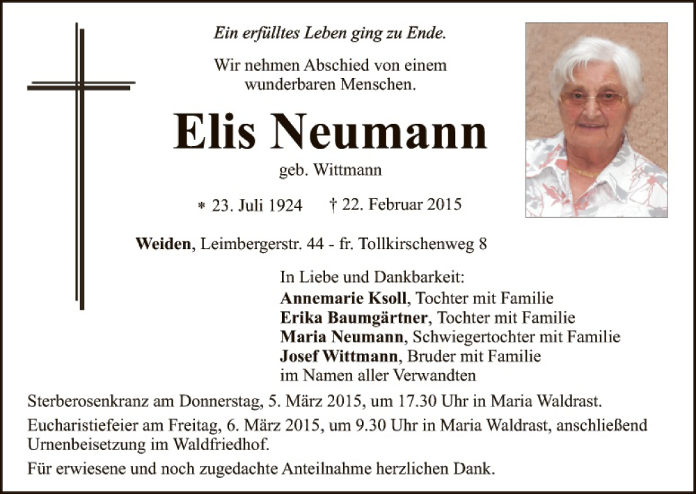  Traueranzeige für Elis Neumann vom 04.03.2015 aus Hauptausgabe Weiden