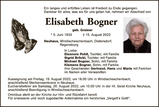 Traueranzeige von Elisabeth Bogner von Hauptausgabe Weiden