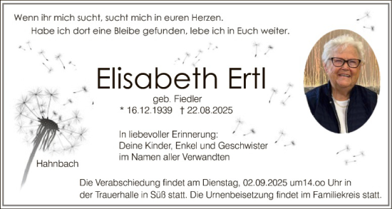 Traueranzeige von Elisabeth Ertl von Hauptausgabe Amberg