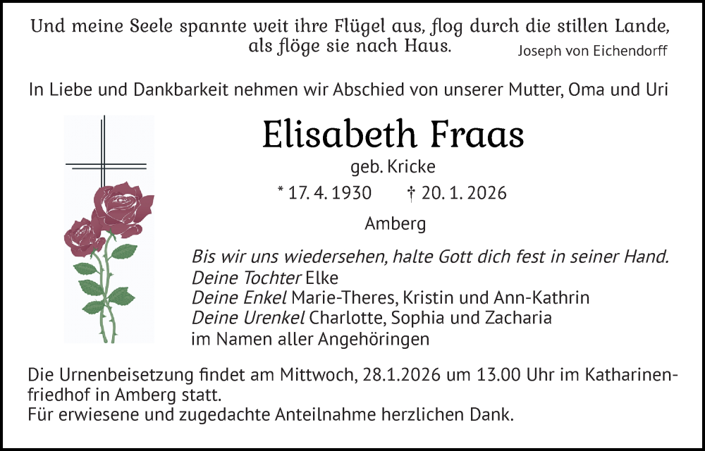  Traueranzeige für Elisabeth Fraas vom 24.01.2026 aus Hauptausgabe Amberg