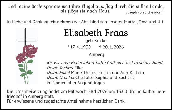Traueranzeige von Elisabeth Fraas von Hauptausgabe Amberg