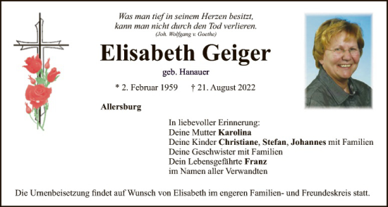 Traueranzeige von Elisabeth Geiger von Hauptausgabe Amberg