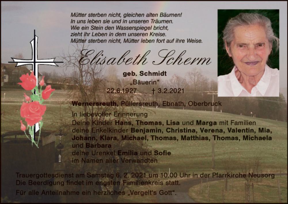 Traueranzeige für Elisabeth Scherm vom 05.02.2021 aus Hauptausgabe Weiden