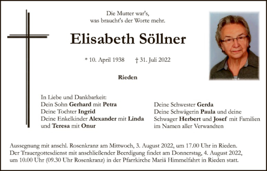 Traueranzeige von Elisabeth Söllner von Hauptausgabe Amberg