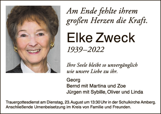 Traueranzeige von Elke Zweck von Hauptausgabe Amberg