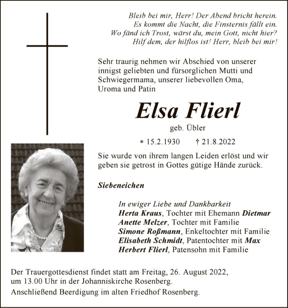  Traueranzeige für Elsa Flierl vom 24.08.2022 aus Hauptausgabe Amberg