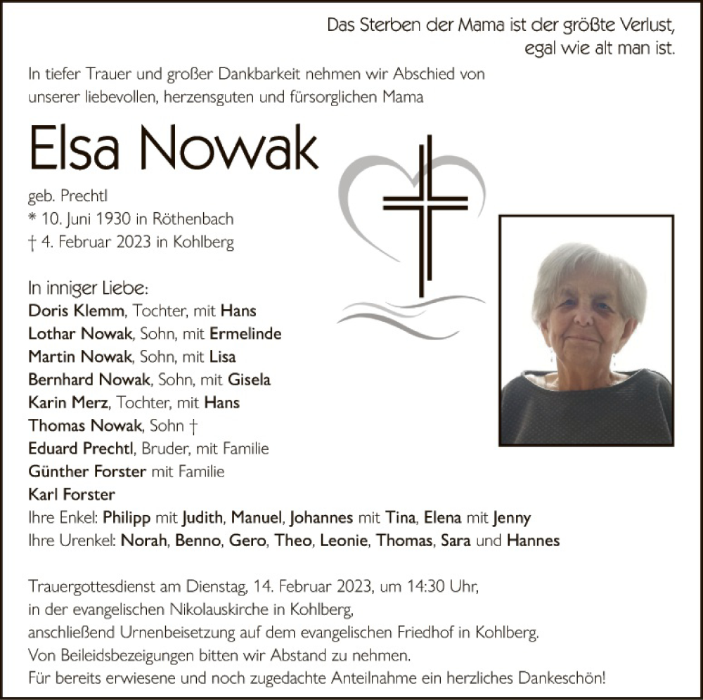  Traueranzeige für Elsa Nowak vom 11.02.2023 aus Hauptausgabe Weiden
