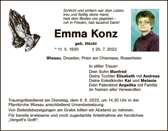 Traueranzeige von Emma Konz von Tirschenreuth + Eschenbach - Kemnath - Erbendorf
