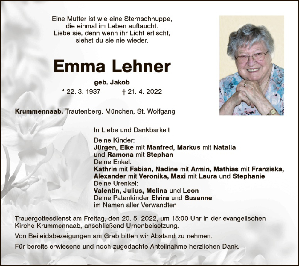  Traueranzeige für Emma Lehner vom 14.05.2022 aus Hauptausgabe Weiden