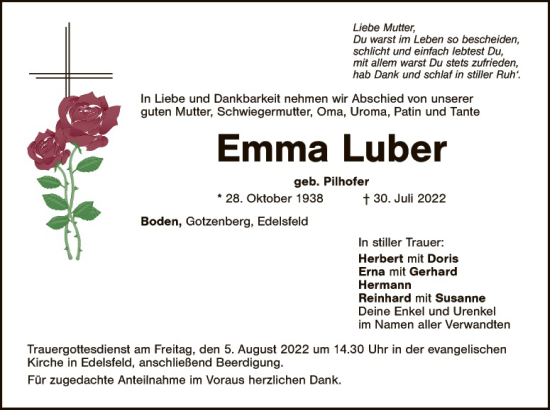 Traueranzeige von Emma Luber von Hauptausgabe Amberg