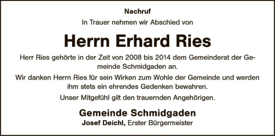 Traueranzeige von Erhard Ries von Landkreis Schwandorf