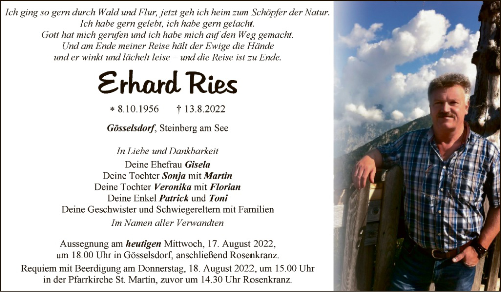  Traueranzeige für Erhard Ries vom 17.08.2022 aus Amberger Zeitung / Sulzbach - Rosenberger Zeitung + Landkreis Schwandorf